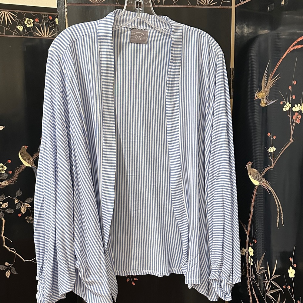 Blue and White Striped Open Blouse